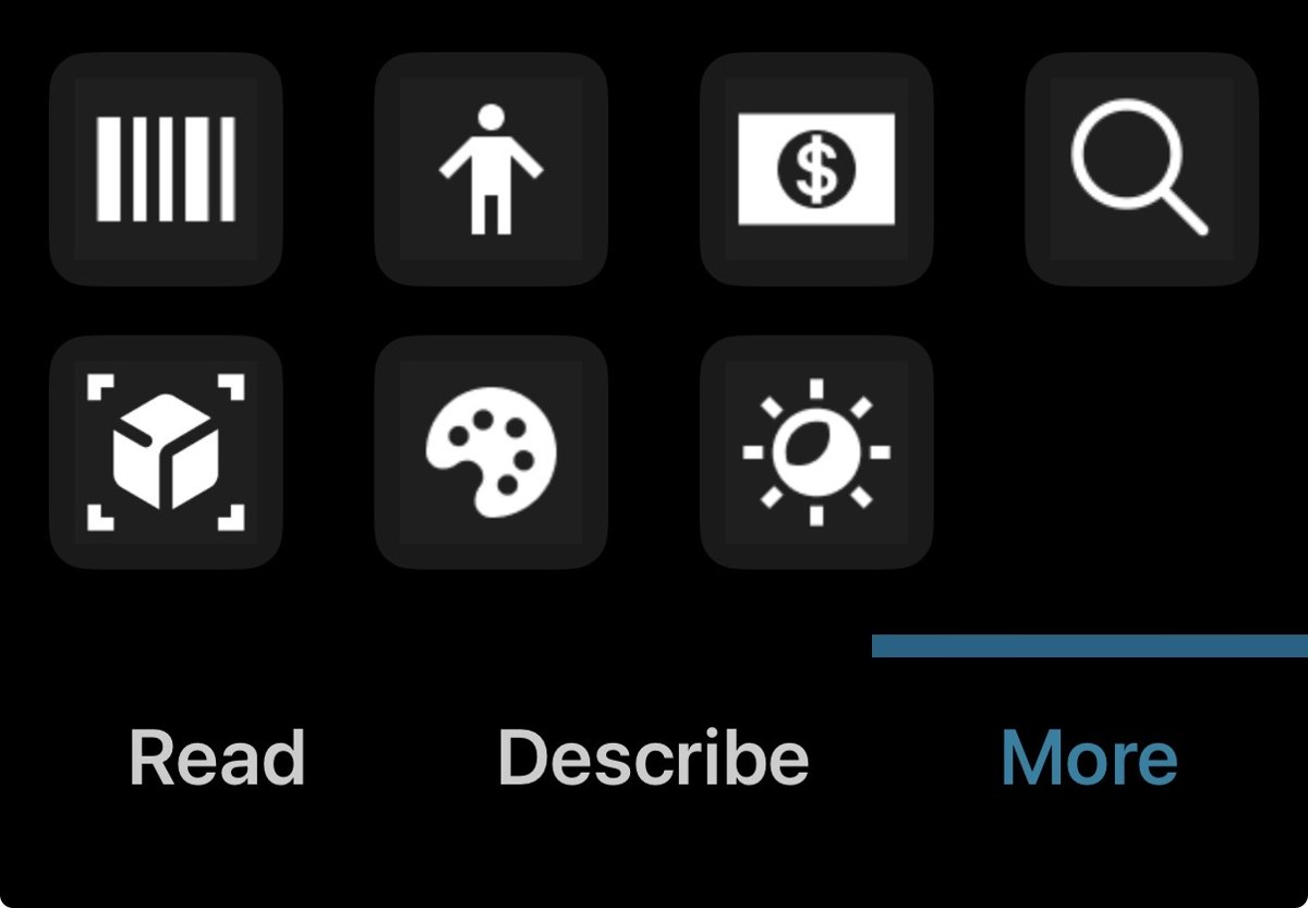 SeeingAI's More tab on a phone: a grid of seven mode icons — barcode, person, currency, find, product, color, light — above the Read, Describe, and More tabs.
