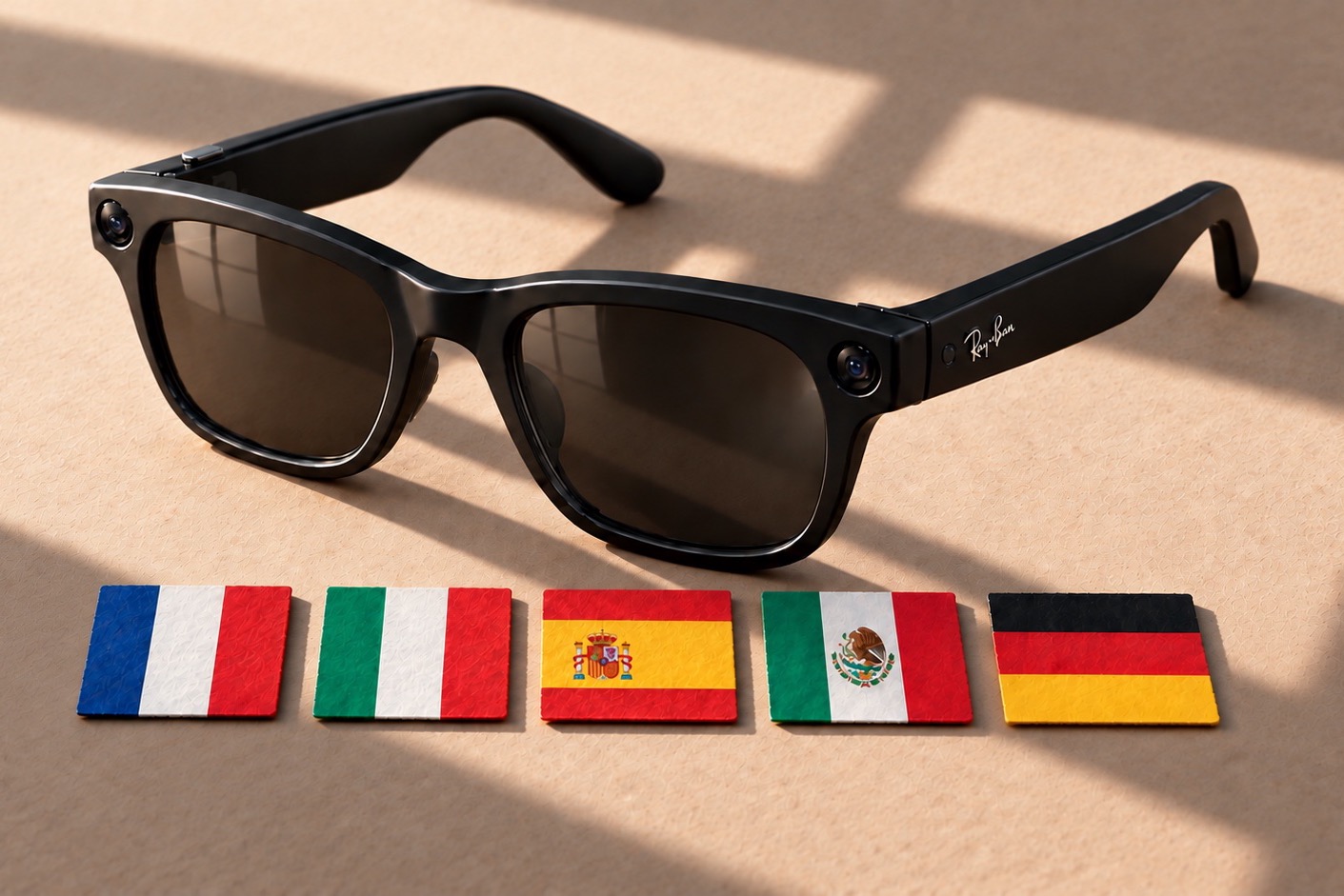 Ray-Ban Meta glasses on a tan surface in window light, with five small flag tiles in a row beneath them — France, Italy, Spain, Mexico, Germany.