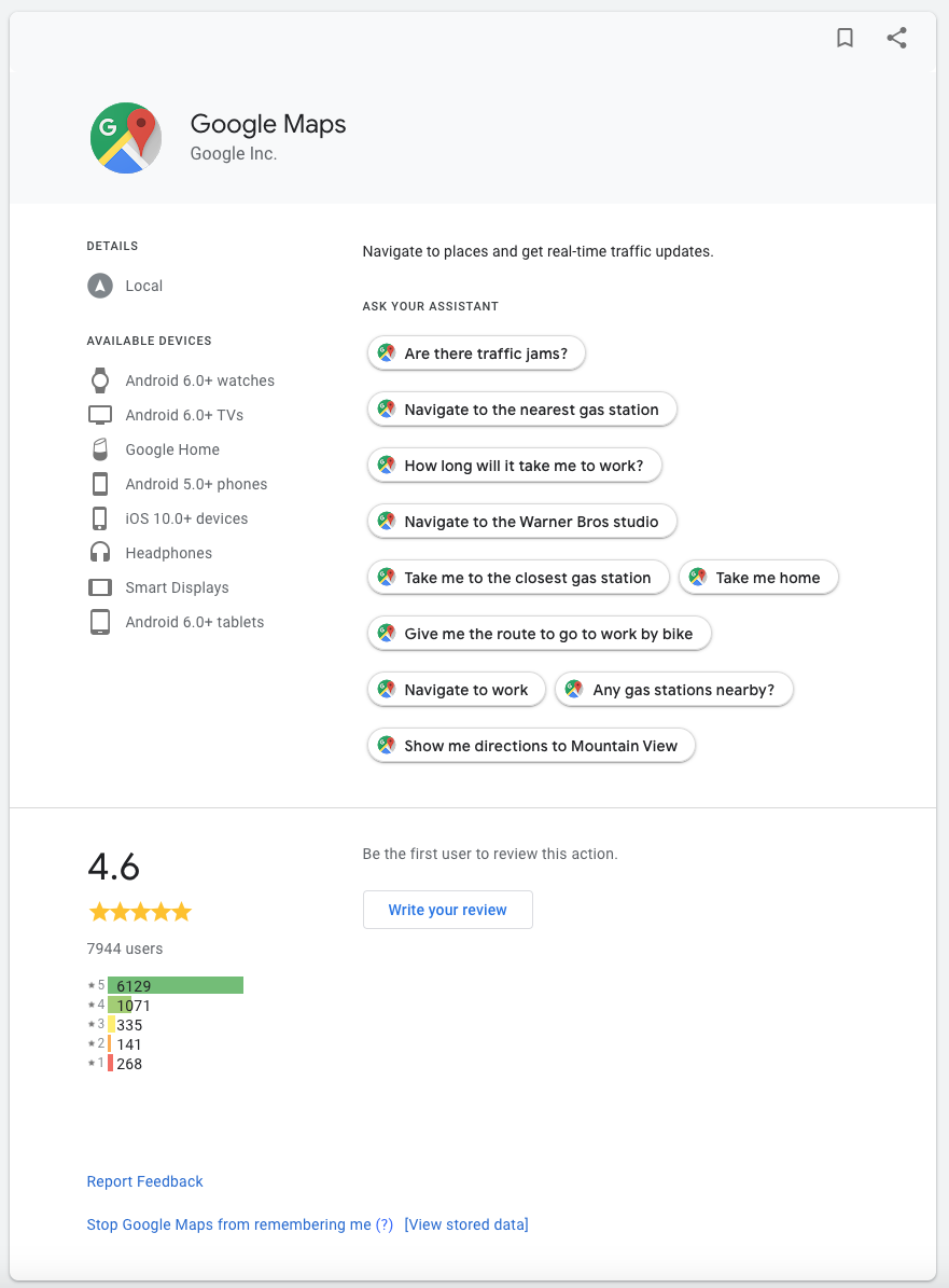 Google Assistant directory page for Google Maps listing example voice commands such as “Are there traffic jams?” and “How long will it take me to work?”, with a 4.6-star rating below.