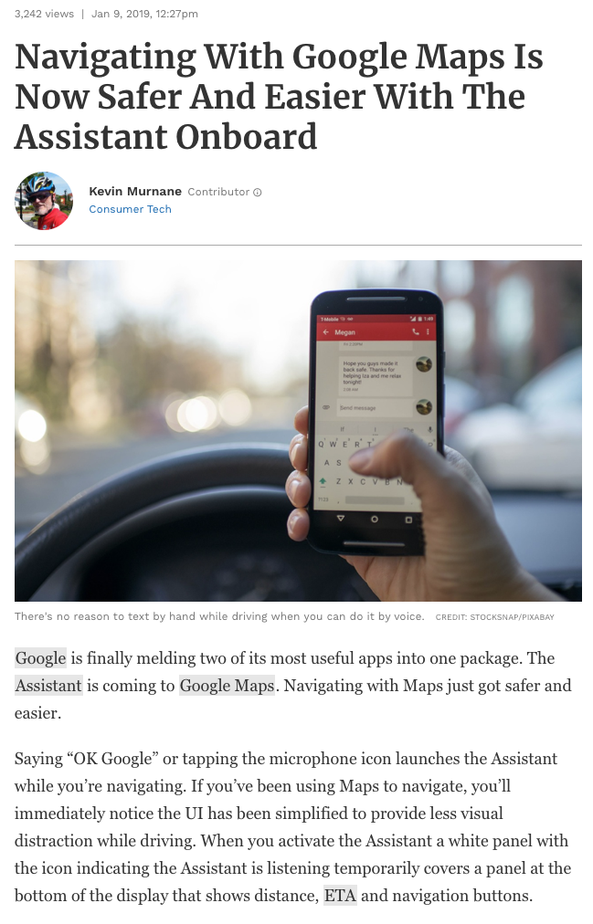Screenshot of a Forbes article headlined “Navigating With Google Maps Is Now Safer And Easier With The Assistant Onboard,” January 2019.