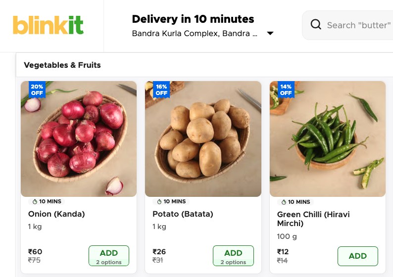 The Blinkit app, set to deliver in 10 minutes to Bandra Kurla Complex: a Vegetables & Fruits row of onions, potatoes, and green chillies, each with a 10 MINS badge, a discount tag, a price in rupees, and an ADD button.